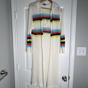 Scoop Crochet Knit Duster Cardigan Hooded Sweater Small Open Striped Boho READ